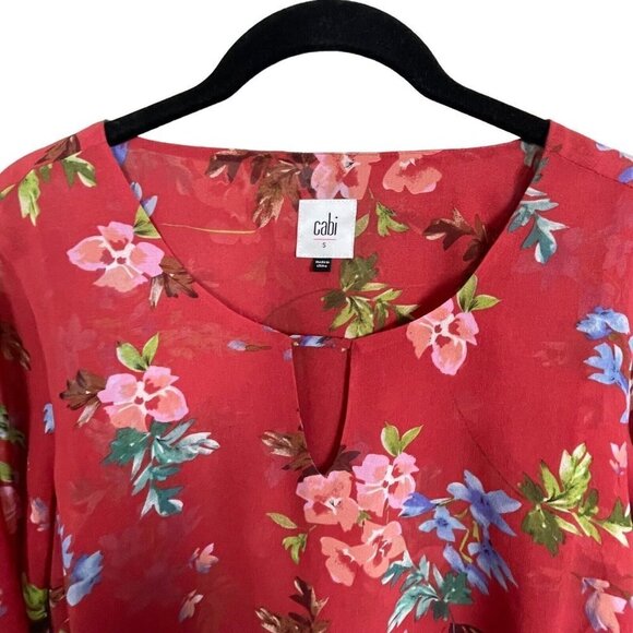 Cabi Devoted Sz S Blouse Red Floral Bell Sleeves Medium 3590 Multi Color Layered - Picture 5 of 8